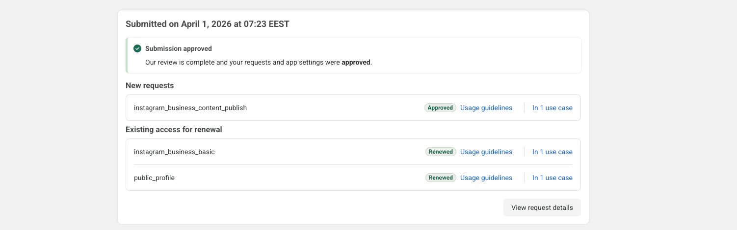 Meta App Review Approved Permissions dated April 1, 2026 at 07:23 EEST