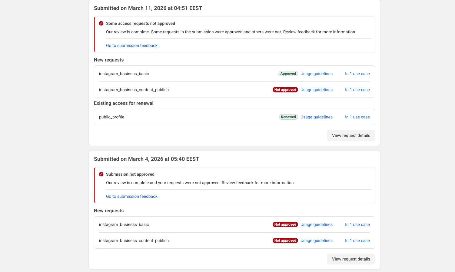 Submitted Permissions that were declined