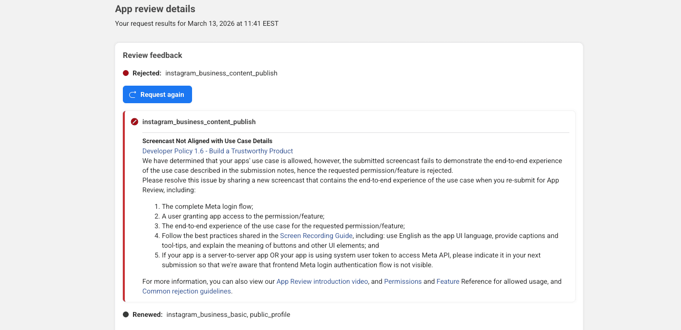 Vague Error Message by Meta for instagram_business_content_publish dated March 13, 2026 at 11:41 EEST