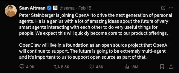 Sam Altman Announces support for OpenClaw and Peter Steinberger joining OpenAi